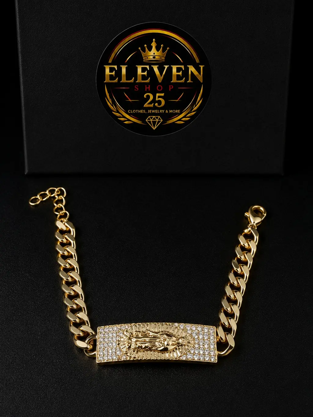 18K Laminated Gold Esclava Bracelet, Cuban Link Bracelet with Virgen Guadalupe Design