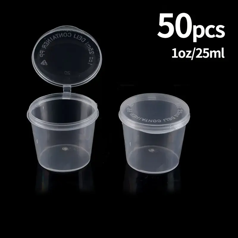 50 Pack Disposable Plastic Clear Cups with Lids, Meal Prep Cups, Kitchen Sauce Seasoning Dispenser Cups, Condiment Cups, Reusable Food Storage Containers, Ideal for Cooking