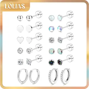LOLIAS Hypoallergenic 20G Surgical Steel Unisex Stud Earrings for Sensitive Ears - Flat Back, Fashionable Hoop, Helix Cartilage Styles with Opal Ball CZ for Earring Stack