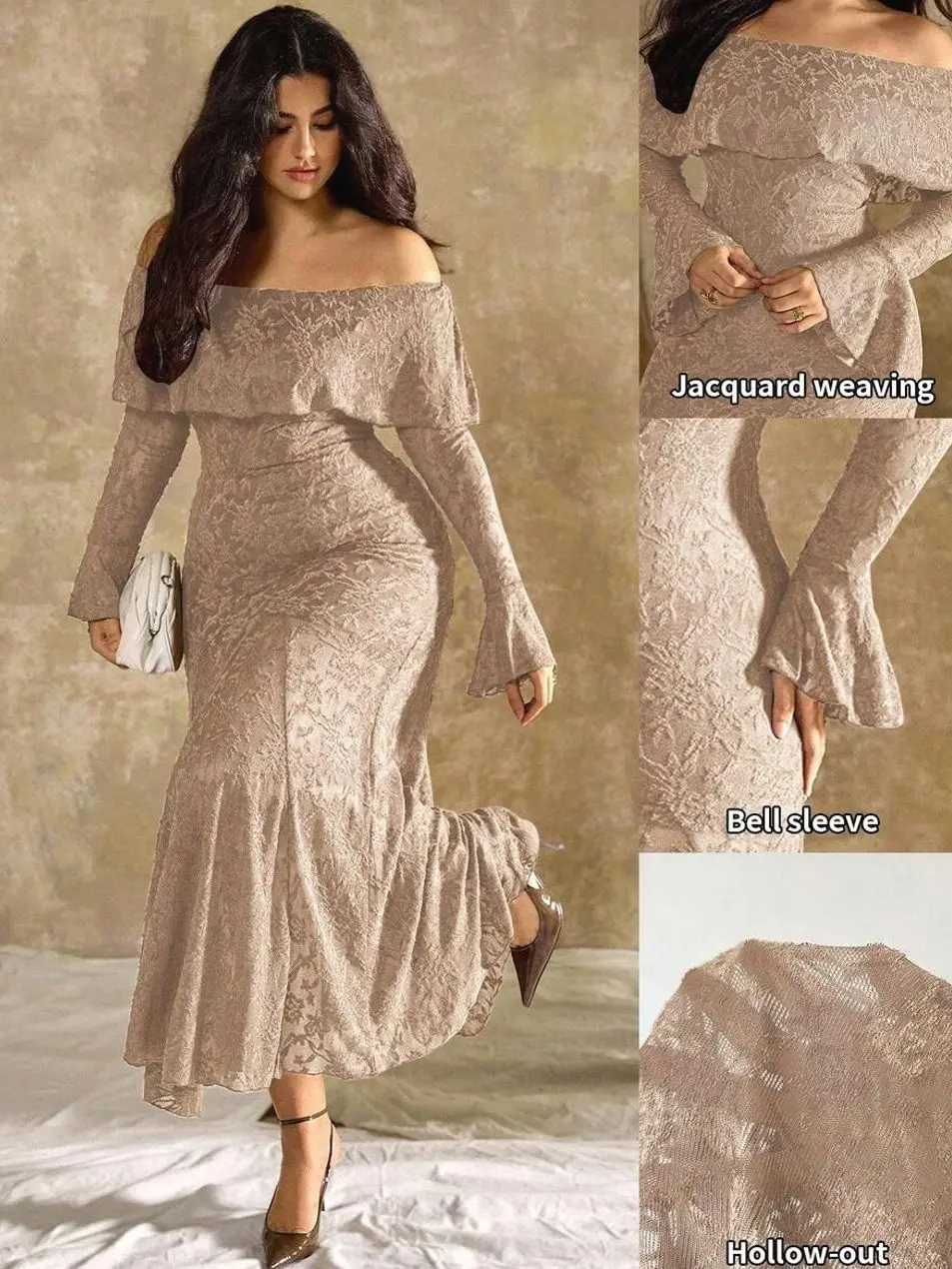 🌸 Plus Size Women's Peony Floral Dress Set, Elegant Off Shoulder Fishtail Dress For Weddings, Formal Events And Autumn Style.