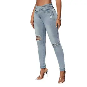 2025 new ripped washed denim jeans for women with a slim fit and small-foot design, aligned vest, denim tight-fitting women’s buttock area, breathable casual pants, elastic waistband, comfortable