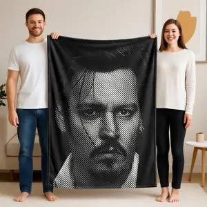 1 piece Johnny Depp black and white line portrait themed flannel blanket - Super soft fluffy flannel sofa blanket, suitable for beds and sofas, all-season use, modern geometric pattern design, digital printing, 100% polyester material, machine