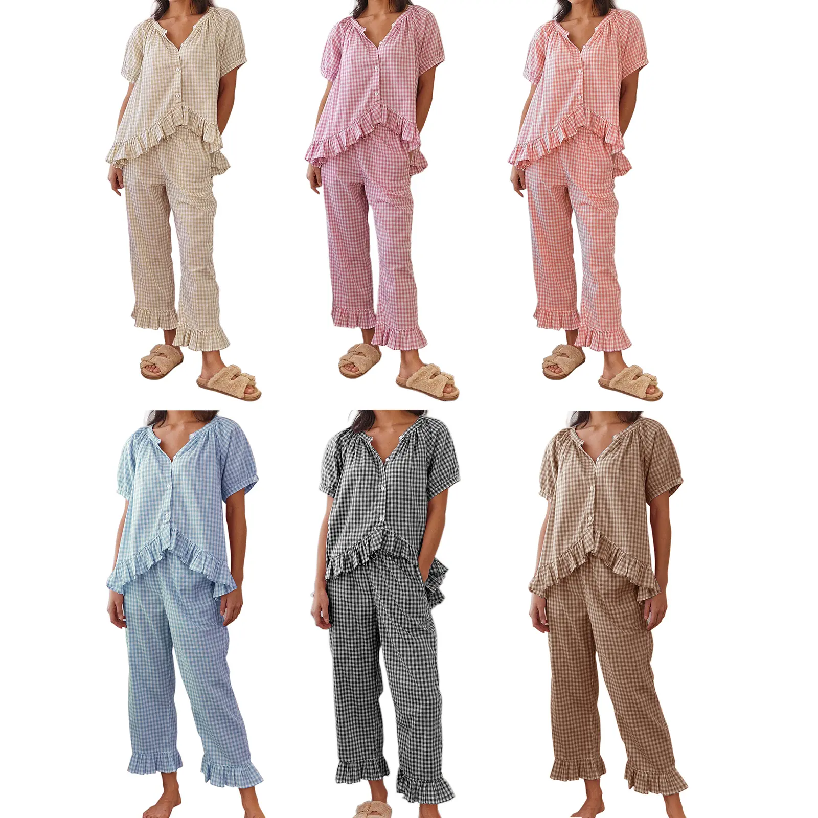 Women Y2K Plaid Pajama Sets Ruffle Hem Gingham Short Sleeve Shirt High Waist Bell Bottom Pants Lounge Sets