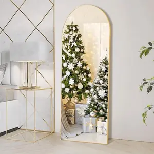 Arched Full Length Mirror With Stand, Floor Mirror With Aluminum Alloy Frame For Bedroom, Standing Full Body Mirror With Shatter-Proof Nano Glass For Wall, Living Room, Cloakroom Decor Durable Shiny Gold