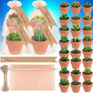 24 Pcs Mini Tealight Candles for Party Decor - Bulk Set with Terracotta Pot & Organza Bags, Rustic Wedding Favors, Decorative Twine & Tags, Reusable & Fragrance-Free, Small Candle Lights for Events Gift Cactus Decoration Nature Succulent Table