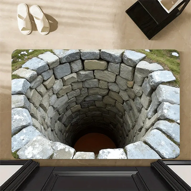 3D Optical Illusion Hole Door Mat, Realistic Deep Well Stone Design Flannel Rug, Funny Trick Eye Floor Mat, Soft Absorbent Non Slip Carpet for Entryway, Front Door, Bathroom, Bedroom & Home Decor, 16×24in / 20×31in / 24×36in