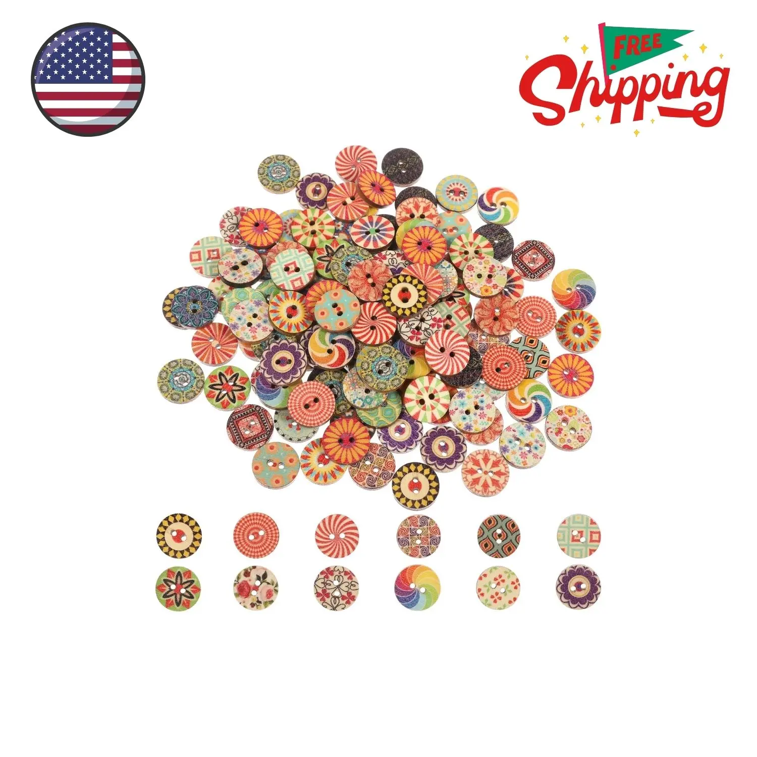 200 Pcs Mixed Vintage Wooden Buttons, Sewing Buttons 15mm Assorted Flower Button with 2 Holes