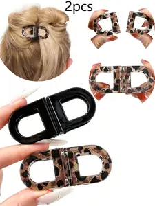 2pcs Retro Glossy Leopard Print Magnetic Hair Claw Clips, Detachable Magnet Hair Clips, Back-Of-Head Small Hair Clips, Half Ponytail Hair Clips, Flat Claw Clips, Hair Claws Set
