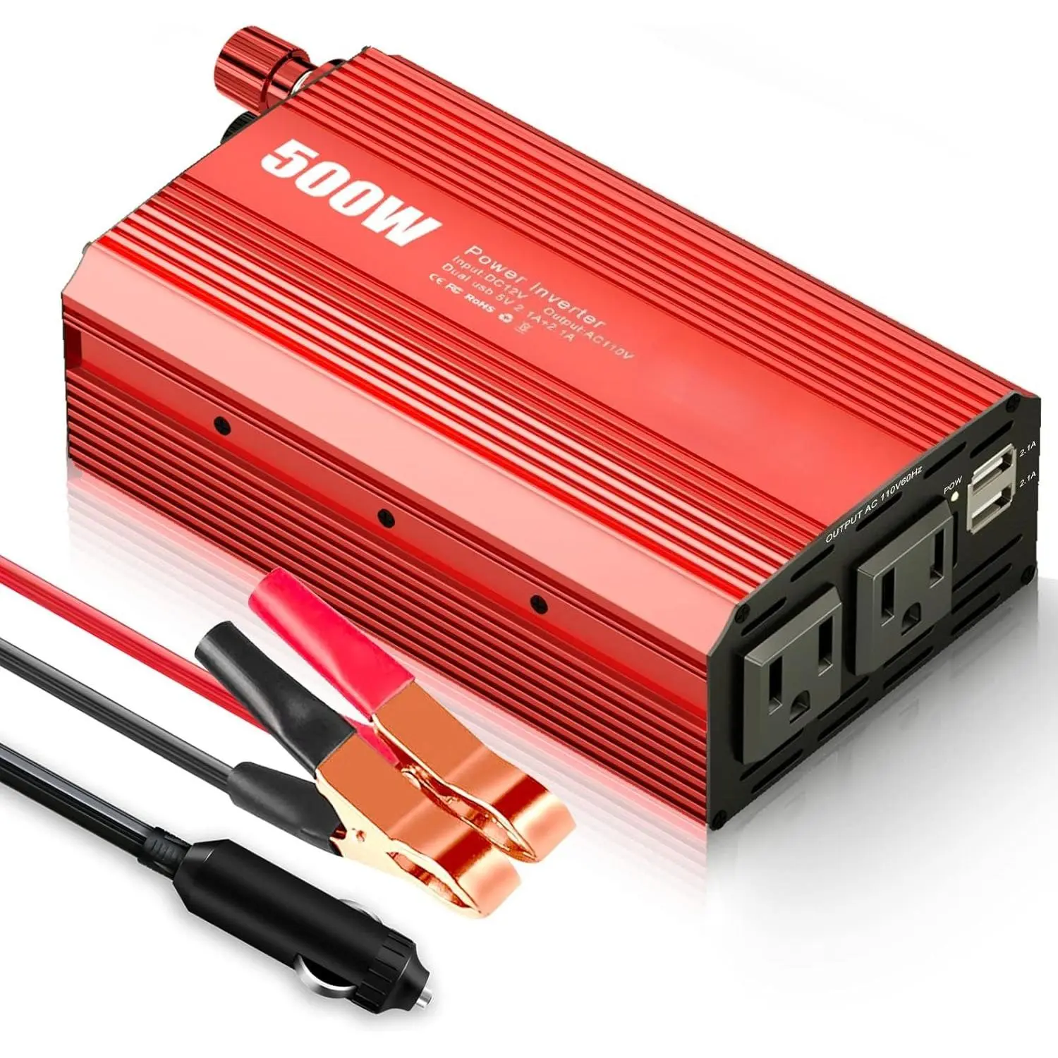 500W 12V to 110V Vehicle Power Inverter, Dual 24W Fast Charging USB Ports, Dual AC Outlets, Ideal for Camping, Road Trips & Men’s Gifts, No, Dual Outlets