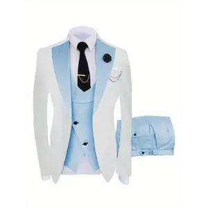 Men'S 3pcs Suit for Groomsmen, Slim Fit Wedding Dance Tuxedo, Elegant Formal Event Dress, Suit Jacket + Trousers + Vest + Tie + Tie Clip + Handkerchief + 2 Cufflinks + Boutonniere + Brooch