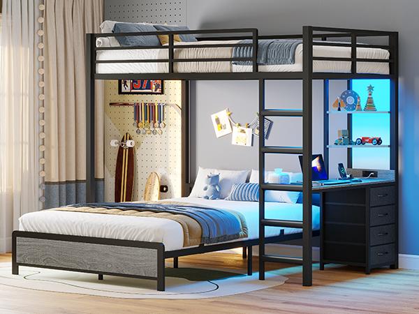 ADORNEVE Twin Over Full Bunk Bed with Desk and Charging Station LED Bunk Beds with Storage Drawers and Shelves Loft Bed with Safety Guardrail Ladder Rgb Led Lights Vertical Sleep Solution
