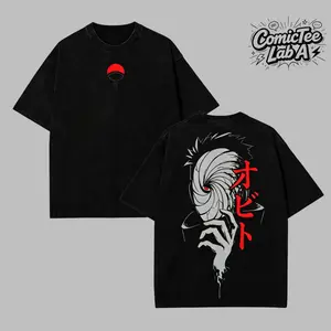 Obito Uchiha Washed Oversized Short-Sleeve Tshirt - Unisex Menswear Streetwear Top, Anime Graphic Round Crew Neck for Anime Fans