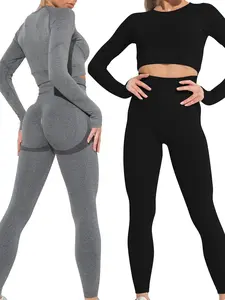 Women's Raglan Sleeve Thumb Hole Design Crop Top & High Waist Leggings Tracksuit Set, Breathable Comfy Yoga Set, Ladies Sportswear for Indoor Outdoor Wear