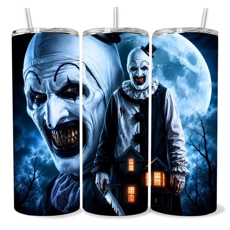 Terrifier 20 oz Tumbler - BPA Free, Stainless Steel, Leak Proof, Clear Lid, Includes Straw
