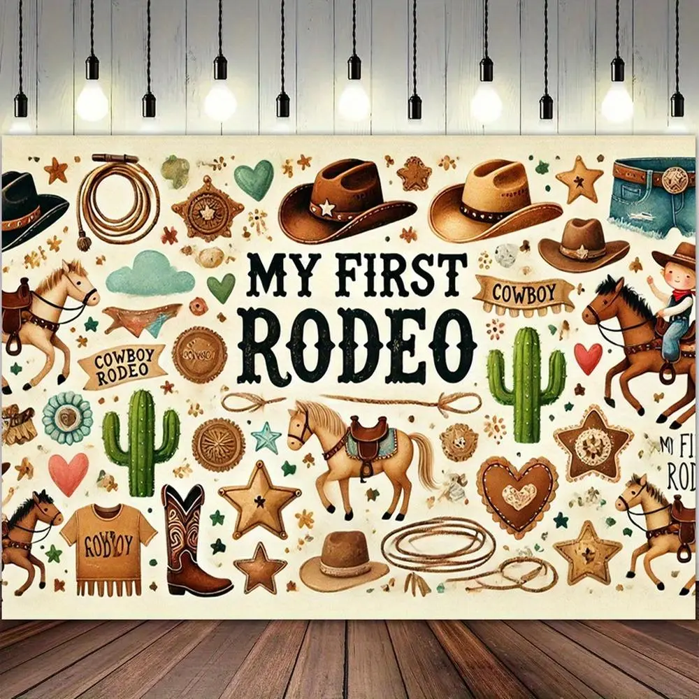 Printed Rodeo Theme Polyester Cowboy Photography Backdrop, 1pc 84x60in (213.36x152.4cm) Banner with "MY FIRST RODEO" Design, Photobooth Print Festive Backdrops & Banners, Vibrant Western Party Decoration for Birthday Events, Indoor-Outdoor Use