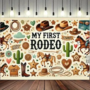 1pc 213.36x152.4cm Polyester Cowboy Rodeo Photography Backdrop - Vibrant Western Party Decoration with "MY FIRST RODEO" Design, Indoor/Outdoor Banner for Birthdays, Studio Props & Themed Events