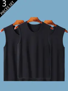 3 Piece Men's Wide Shoulder Tank Tops, Sleeveless Basic Round Neck Fitted Underwear, Thin Sport Gym Vest, All-Season Wear