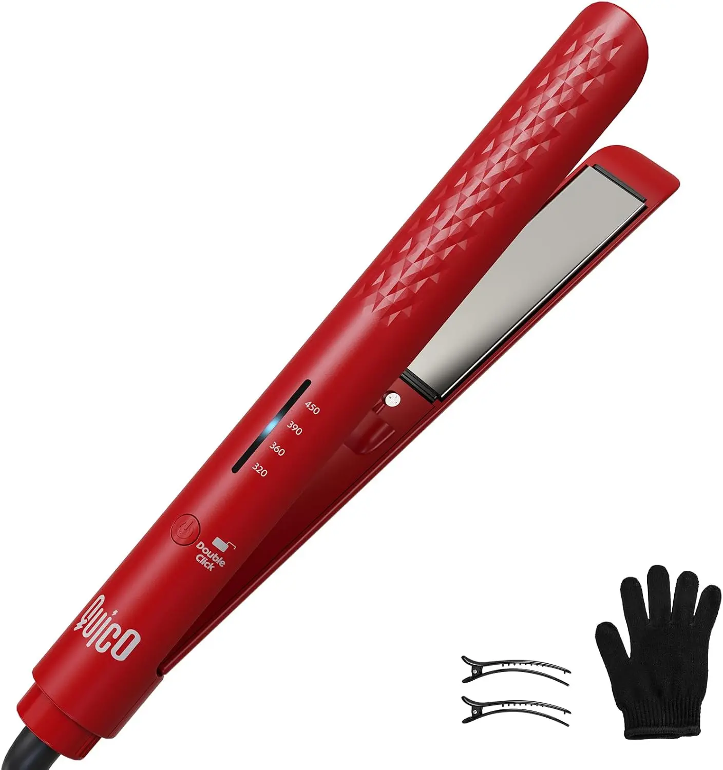 Quico Hair Straightener, 110-240V Flat Iron Hair Straighteners for Women | Travel Hair Straighteners 15s Fast Heat, Ceramic Negative Ion Plate, 320-450℉, Temp Memory, Auto-Off, with Glove&Clips, Red