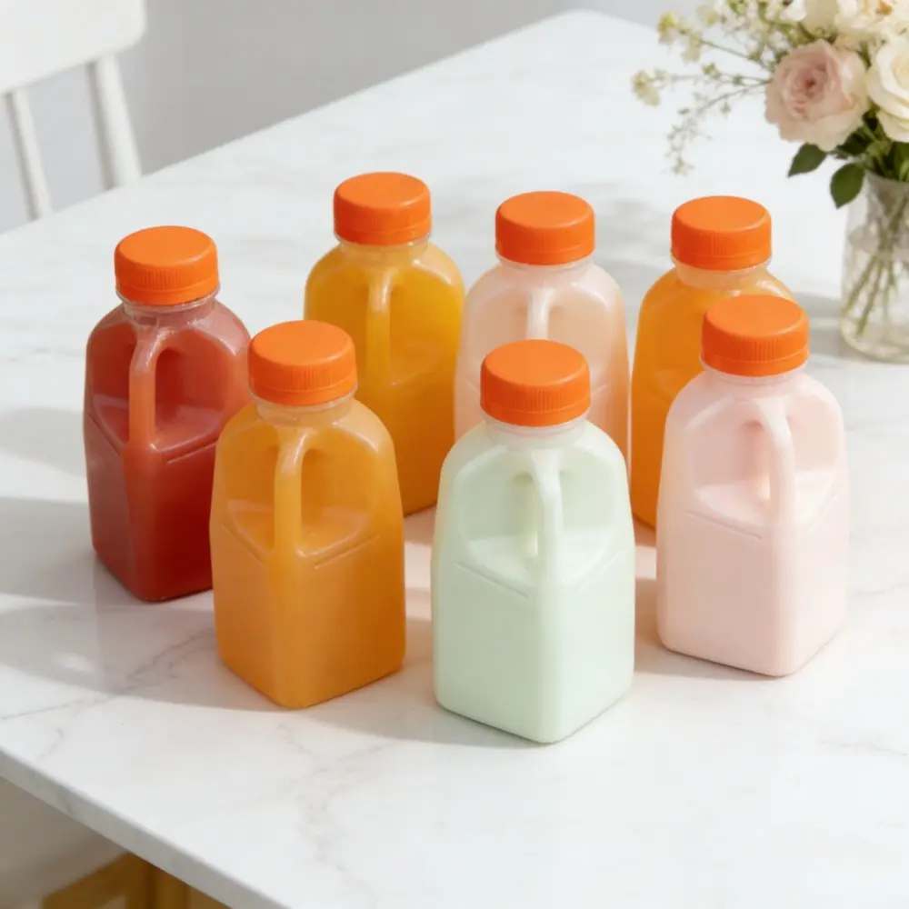 10 Pack Square Plastic Juice Bottles, 500ml Reusable Beverage Containers with Handles & Leakproof Lids, Lightweight for Kitchen & Camping