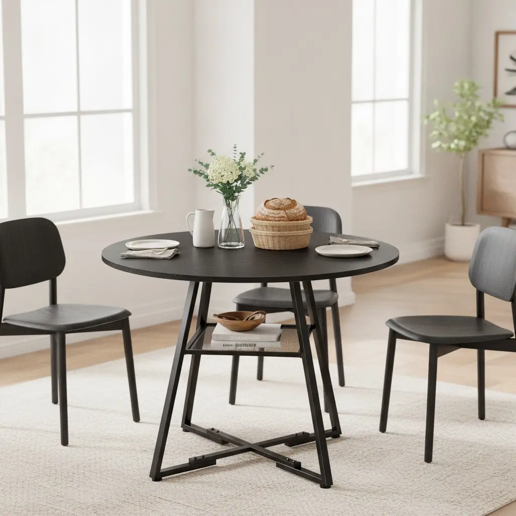 42 Inch Black Round Kitchen Table with Two Level Storage and Steel Frame for Compact Dining Spaces, Small Circular Breakfast Table Seats Four for Studio Apartments Morning Coffee Rituals