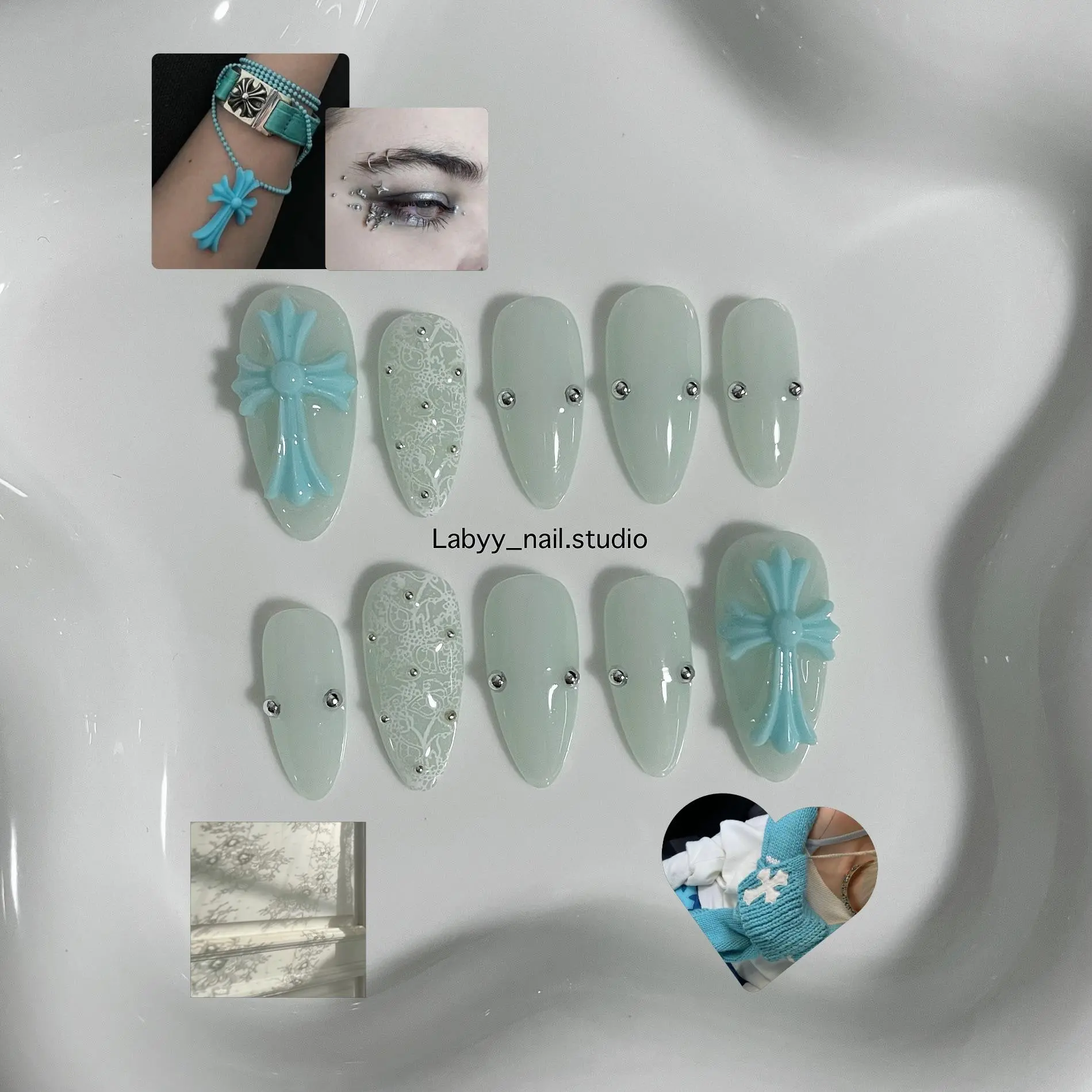 Handmade Light Blue Cross Press On Nails | 3D Cross Charm, Glossy Pastel Gel Nails, Minimalist Luxury False Nails, Reusable Almond Nails