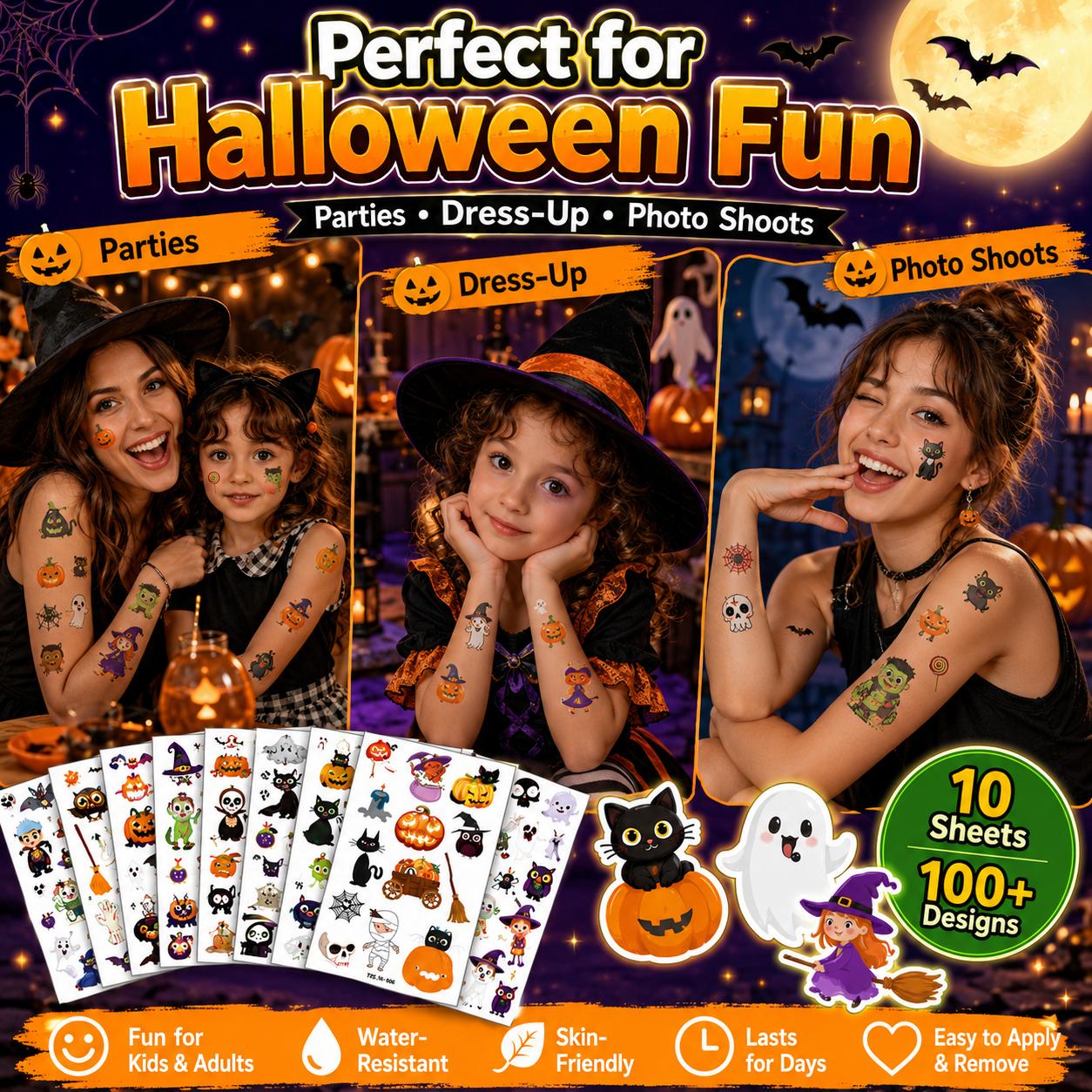 Luminous Halloween Cartoon Body Tattoo Decal Set, Long-lasting Water-resistant Holiday Stickers, Skin-friendly Temporary Decorations for Children Adults Halloween Dress-up, Birthday Party and Photo Shooting Luminous Halloween Cartoon Body Tattoo Decal Set, Long-lasting Water-resistant Holiday Stickers, Skin-friendly Temporary Decorations for Children Adults Halloween Dress-up, Birthday Party and Photo Shooting