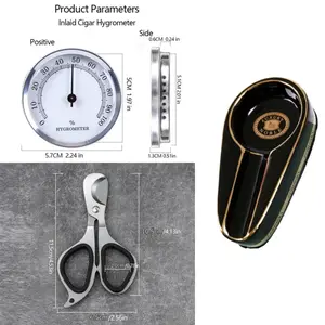 Cigar tool set of three: portable cigar scissors+cigar ashtray +57mm magnetic hygrometer, exquisite cigar companion.