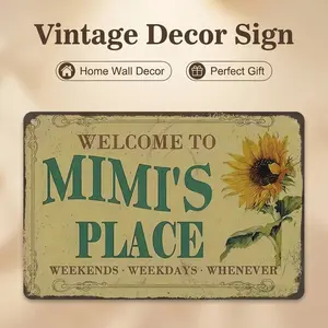 1pc 12×8 Inch Welcome to Mimi's Place Sunflower Metal Tin Sign, Vintage Rustic Distressed Aluminum Wall Decor, Pre-drilled Farmhouse Welcome Sign for Home Porch Kitchen, Gift for Mimi Grandma