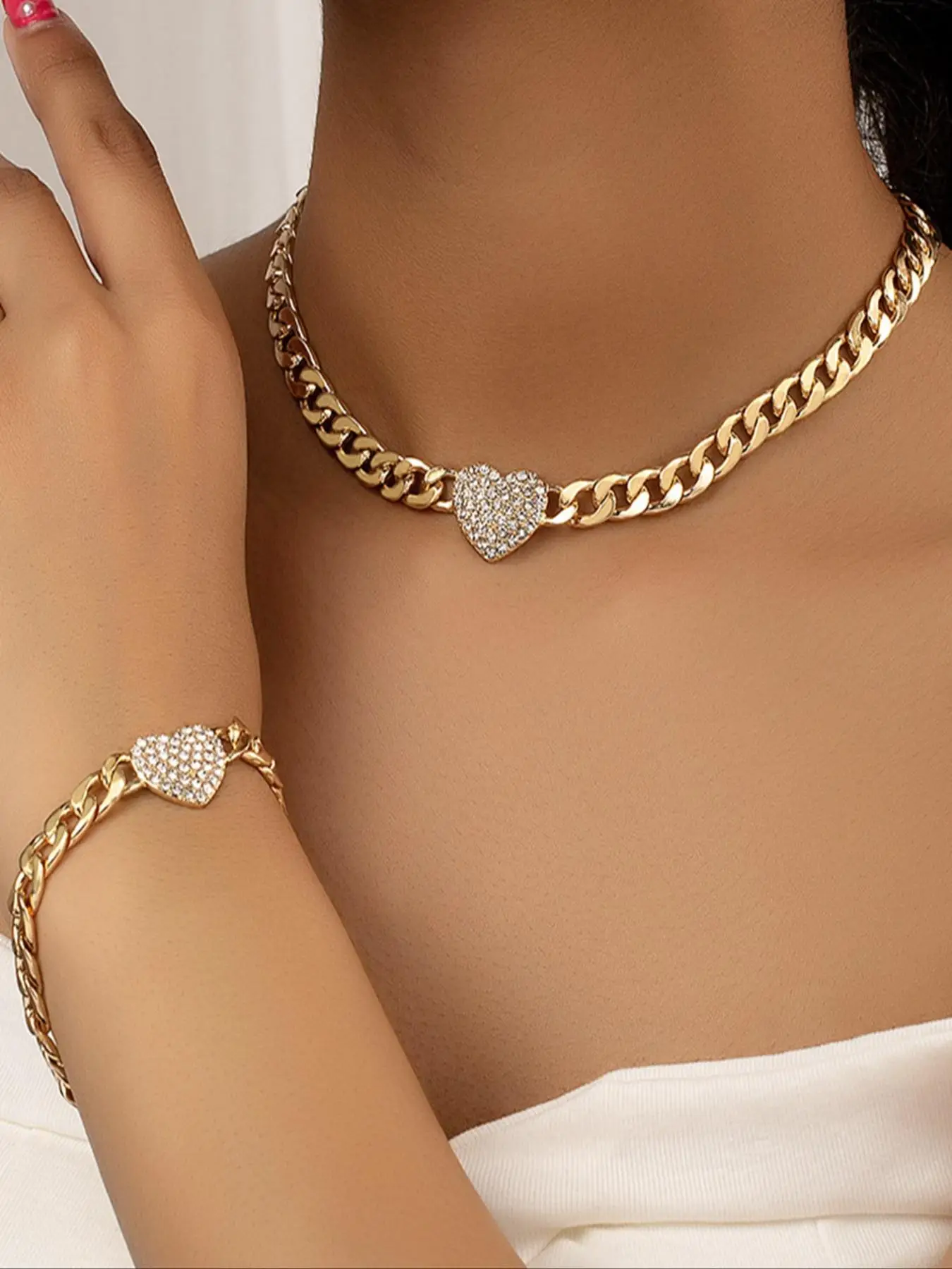 Women's Elegant Rhinestone Decorated Heart Design Necklace & Bracelet Set, Exquisite Trendy Chain Design Jewelry Set, Fashionable Jewelry Set As Gift