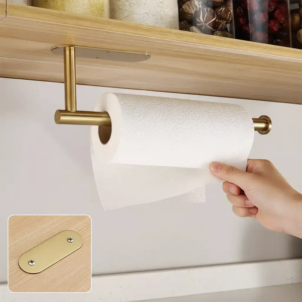 Paper Towel Holder, 1 Count Under Cabinet Kitchen Paper Holder, Self-adhesive/Drilling Towel Holder, Stainless Steel Kitchen Utensil Holder