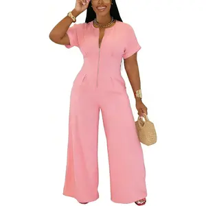 for Women Sexy Zip Up Short Sleeve Casual Wide Leg Long Pants Rompers One Piece Jumpsuit Summer Club Outfits