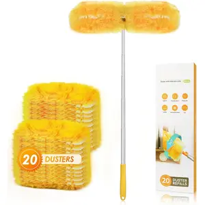 Heavy Duty Extendable Microfiber Duster Kit with 20 Flash Refills, 360° Design, Terry Texture, Soft Yellow Handle, Captures 4x Dust for Blinds & Furniture Multi-Surface Cleaning