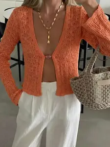 Women's Deep V Neck Cut Out Long Flare Sleeves Knit Cardigan, Fitted Short Sun Protection Top, Casual Plain H-Type Design