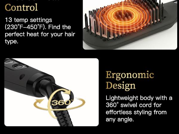 MEGAWISE Pro Ceramic Ionic Hair Straightener Brush - 20s Fast Heating, Frizz Control, Auto-Off, Dual Voltage, Plug Powered Home Salon Tool for Women with Thick Hair, Black