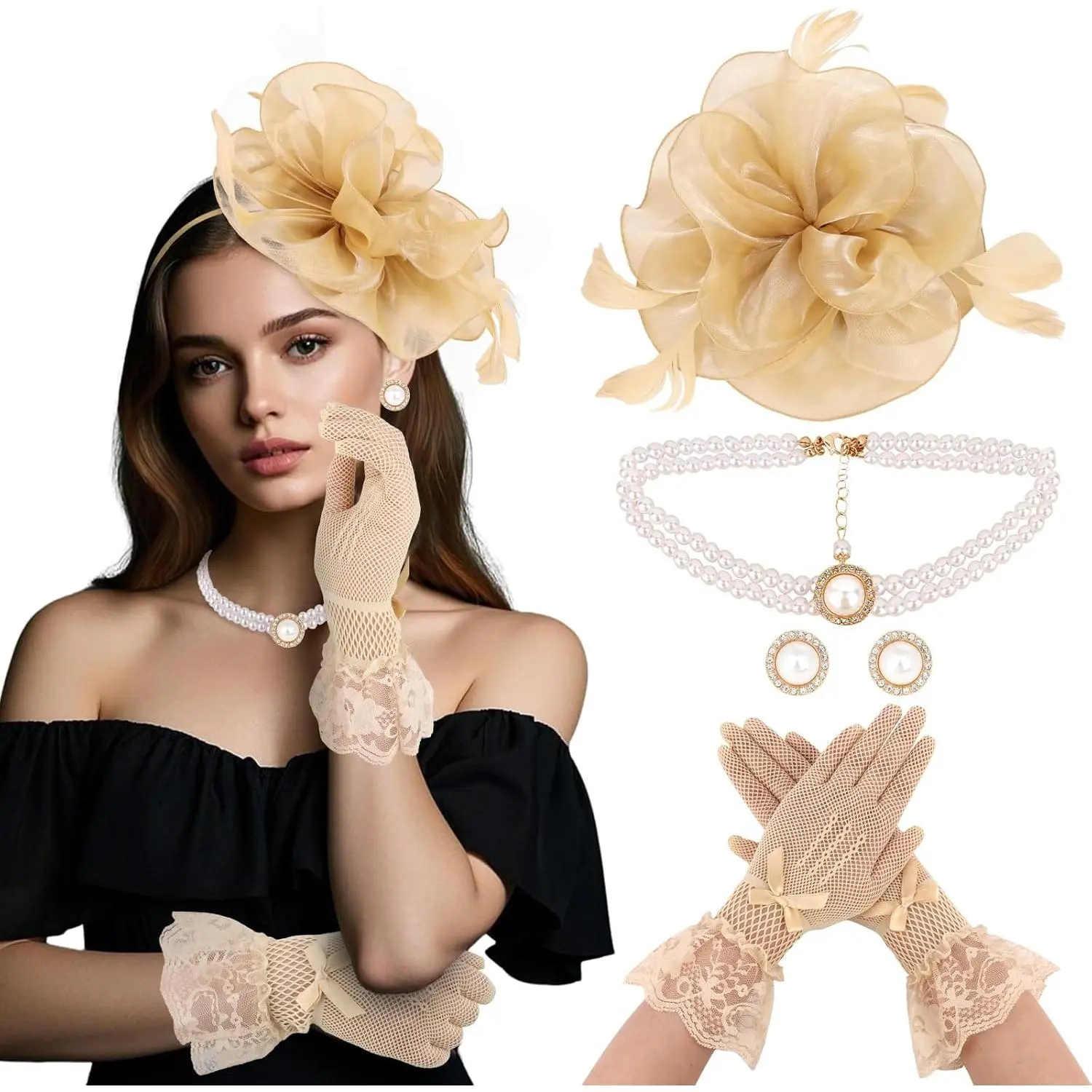 4PCS Fascinators Hat for Women Flower Tea Party with Lace Gloves Pearl Necklace Earrings Feather Derby Hat