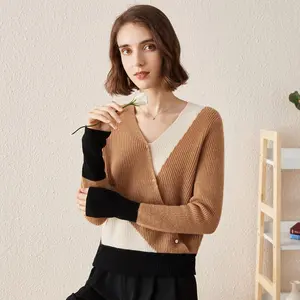 COMOBOCA 100% Cashmere Women's V-Neck Color Block Sweater for Cozy Winter Wear - Figure Flattering Design, Regular Fit