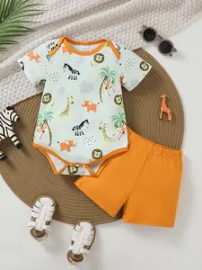 Men's Cartoon Animal Print Short Sleeve Top, Casual Summer Vacation, Comfortable Fitted Tee for Boys, Casual Set