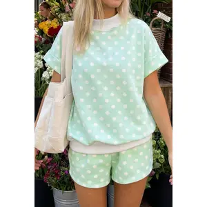 Green Polka Dot Print Color Block Trim Mock Neck Short Set