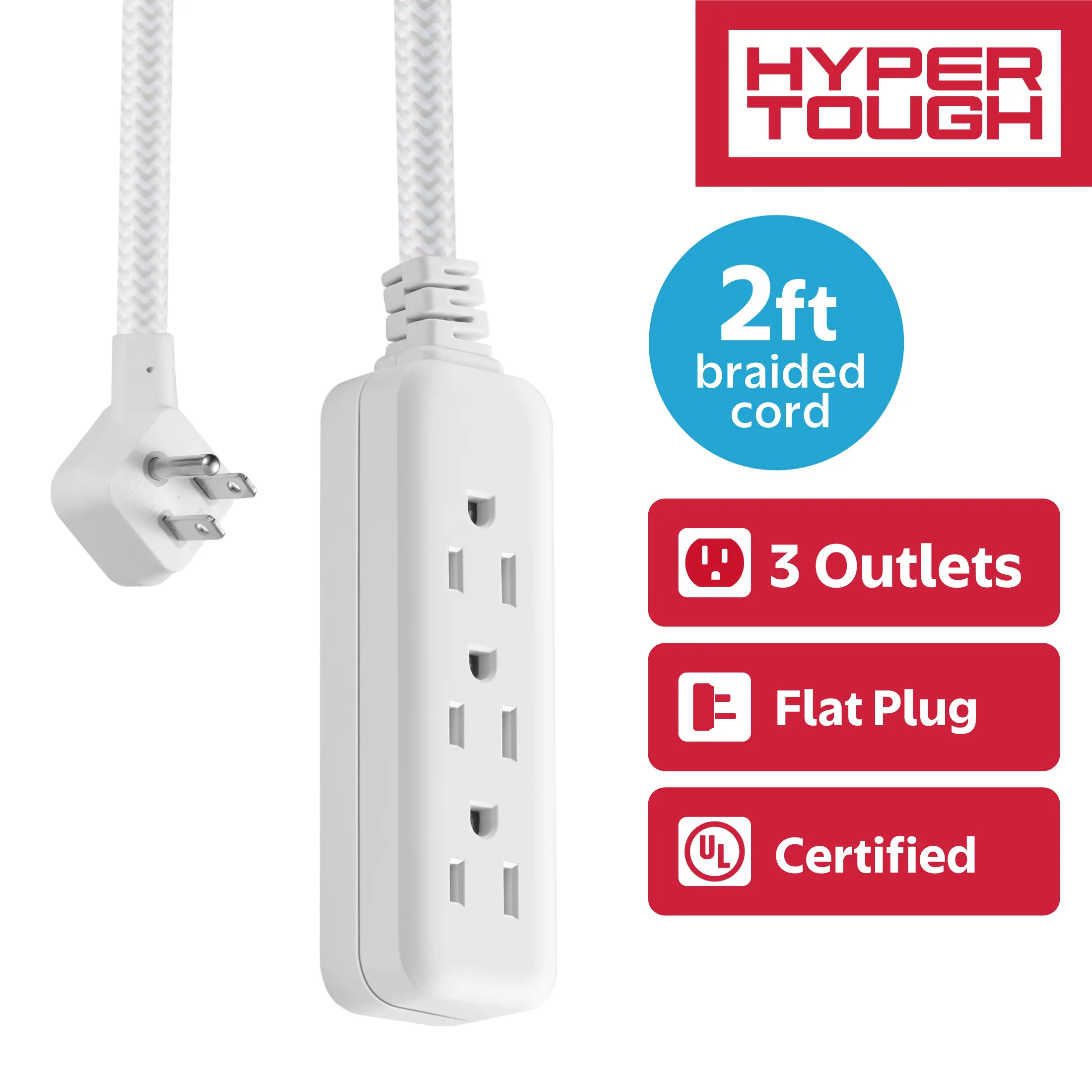 Hyper Tough Flat Plug Extension Cord, 2 ft Braided Cord, 3 Outlets, 3 Prong Grounded, Indoor, White