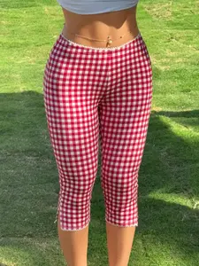 Plaid Seven-Eleven Pants, Sexy Fit Mid-Length Jeans, High Waist Elastic Design, Trendy Fashion Bottoms for Women