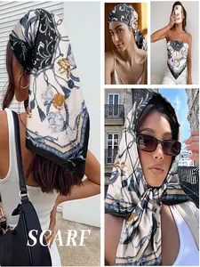 Elegant Baroque Floral Square Scarf - Luxury Navy Blue & Beige Satin Bandana for Women, Versatile Hair Wrap/Neck Scarf/Bag Accessory, Perfect for Wedding Guest & Holiday Party Fashion