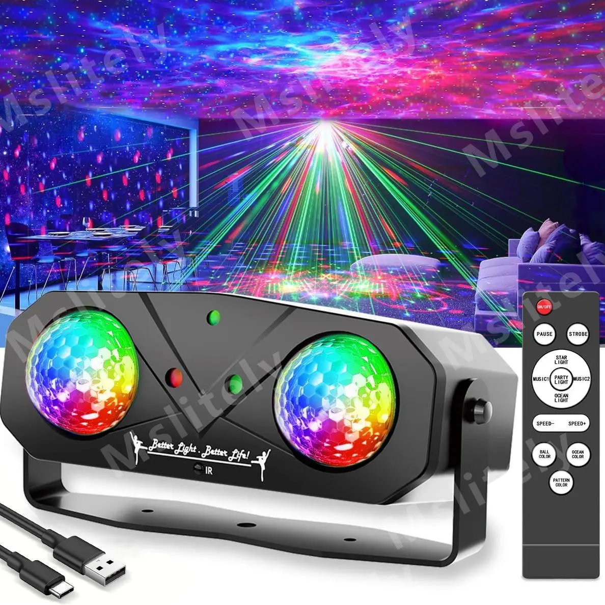 Mslitely Disco Ball Party Light, USB Powered Fancy Led Rgb Lights Vibrant Rgb Lighting Sound Activated Disco Light with Star Light Projector, Ocean Light and Laser Light for Party DJ KTV Rave Club Wedding Home Decor