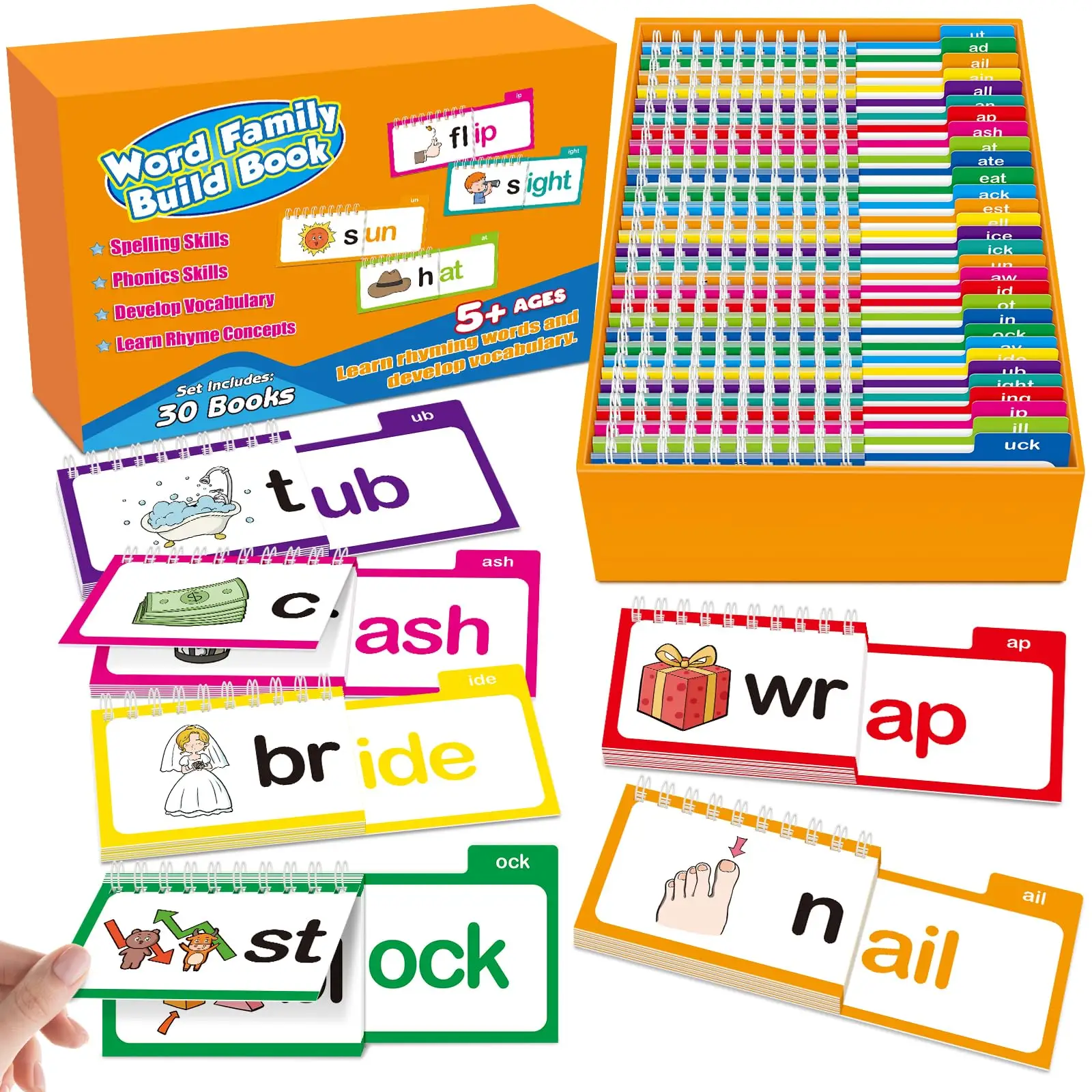 30 Read and Rhyme Flip Books,Reading and Rhyming word,Prefixes Word Families, word flash card，Learn to Read