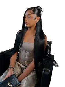 Soft Black 32 Inch Long Straight Lace Front Wig 13x4 HD Transparent Lace Heat-Friendly Synthetic Hair Free Part for Women Daily Wear