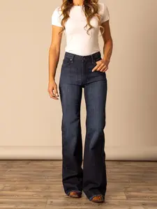 Kimes Olivia Dark Wash High Waist Western Jeans Tri-Blend Denim Stovepipe Wide Leg Raw Hem Iconic Longhorn Logo Everyday Bottoms