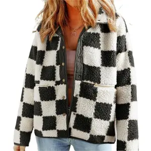 Women Fuzzy Plaid Coat Vintage Button-up Lapel Neck Long Sleeve Winter Warm Thicken Jacket Outerwear