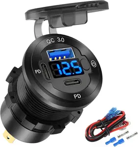 V USB Car Socket Round USB C V Outlet, Port Marine Fast Charger Waterproof Cigarette Outlet Replacement Aluminum with Switch & Voltmeter, Suitable for Boat Golf Cart RV Motorcycle Truck
