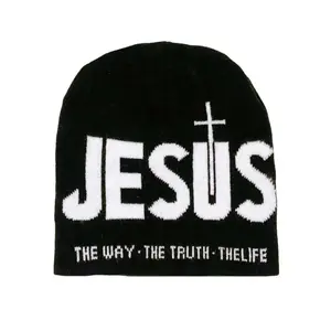 Unisex Y2K Letter Jacquard Knit Beanie Hat, Cross And Heart Print Design, Soft Stretch Warm Winter Cap, Heat Retain Breathable Cold Weather Headwear, Versatile Streetwear Accessory Suitable for Outdoor Sports, Daily Casual Outfits And Cold Weather Dressin