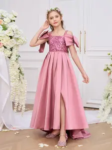 7-12Y Dark Pink 0035 Kids Clothes Flower Girls Princess Long Ball Gown Frock Sequins Bow Trailing Skirt Ball Gown Children Formal Evening Party Banquet Pageant Prom Host Cocktail Dress