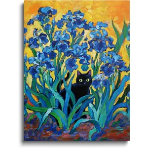 Framed Van Gogh Irises Cat Wall Art Vintage Garden Canvas Wall Decor Funny Black Cat Poster Print Aesthetic Painting for Bathroom Bedroom Living Room Home Office